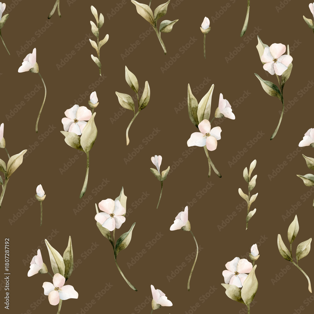 Obraz premium White small flowers with leaves seamless pattern. Jasmine apple blossom. Watercolor hand painted floral illustration
