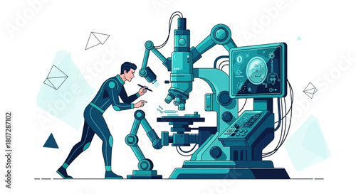 Modern scientist using robotic microscope for advanced analysis and research development