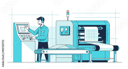 Operator managing automated process machine in a production facility setting displaying
