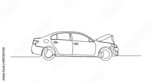 Outline drawing of a car with open hood on a white background  