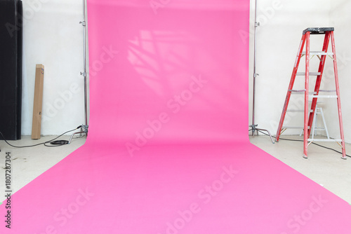 A vibrant pink seamless paper backdrop set up in a professional studio environment. The scene features bold, saturated color with natural light casting soft shadows across the backdrop.