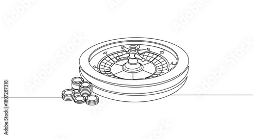 Casino roulette wheel with chips on tournament table background  