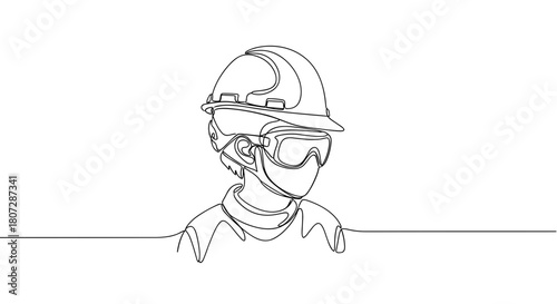 Construction worker wearing safety helmet and goggles in line art  