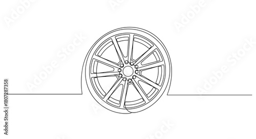 Car wheel outline design in minimalist style on white background  