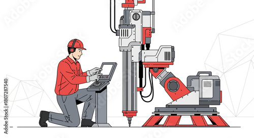 Precision manufacturing engineer operating robotic machine in industrial factory automation system