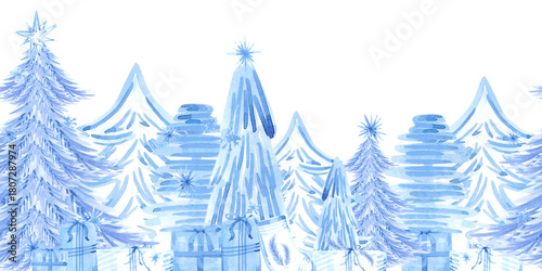 Hand drawn watercolor blue monochrome Christmas trees seamless border. Illustration isolated on white background. Can be used for postcard textile label and other printed products.
