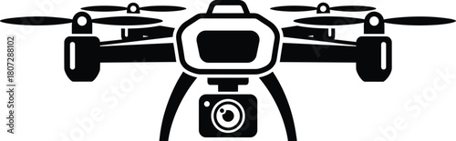 Black silhouette vector illustration of a quadcopter drone with camera, isolated front view aerial technology icon for design on white background