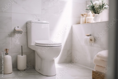 Bright marble bathroom with modern white toilet