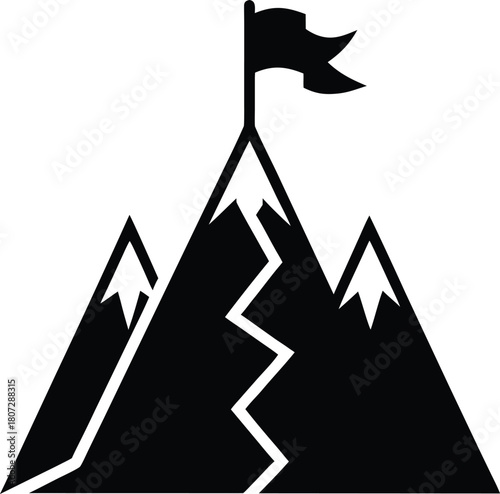 Mountain with flag on peak, success symbol, climbing and conquering vector art