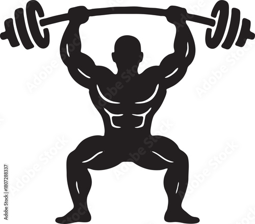 Weightlifting silhouette of muscular man raising barbell overhead vector design
