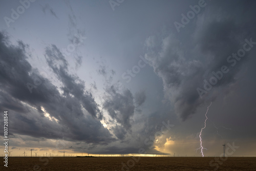 Cloud to ground lightning from a new Supercell stalled against an Outflow Boundary, weather effects. 