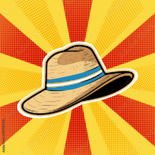 A straw fedora hat in a retro pop art comic style with a halftone effect on a red and yellow sunburst background, vector illustration
