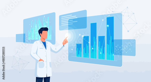 Scientist analyzing virtual financial data visualization on futuristic interface display