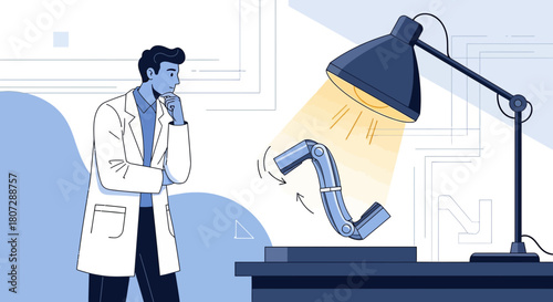 Scientist examining a robotic joint prototype under focused light engineering innovation future