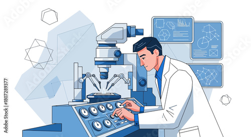 Scientist operating advanced microscopic machine with robotic arms for research exploration