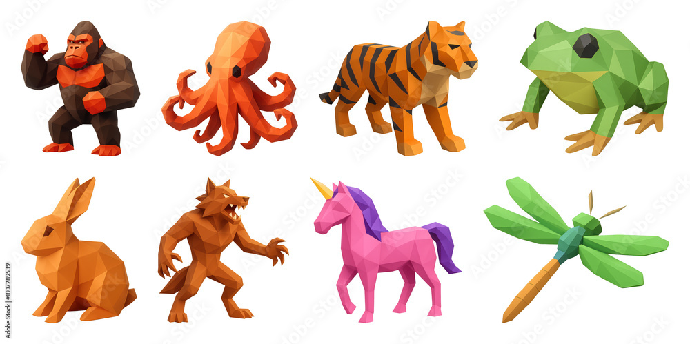 Fototapeta premium PNG Colorful low-poly animal figures, element set on transparent background