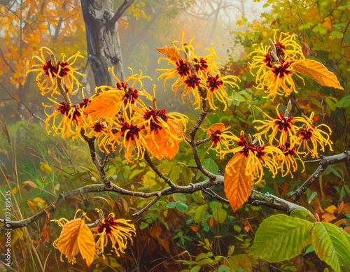 Close-up of a branch with yellow, spidery flowers and golden leaves against a soft, misty forest background