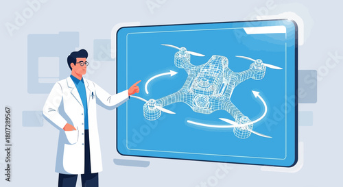 Scientist presenting drone technology blueprint on digital screen display innovation
