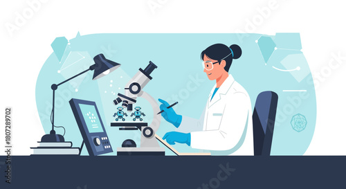 Scientist researching robots under a microscope in a futuristic laboratory setting