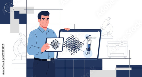 Scientist showcasing innovative renewable energy design with molecular structure on digital devices