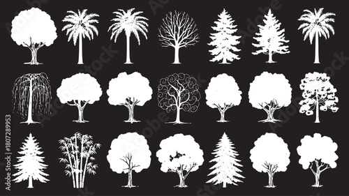 Collection of various tree silhouettes on a dark gray background