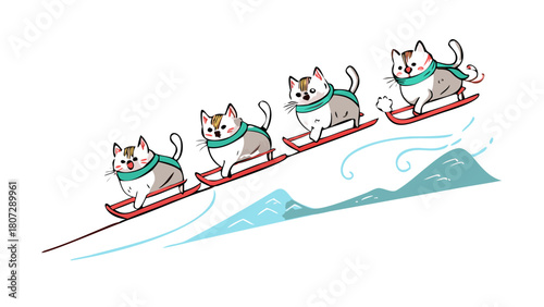 Snow kittens sliding down a snowy hill on candy-cane sleds .vector icon