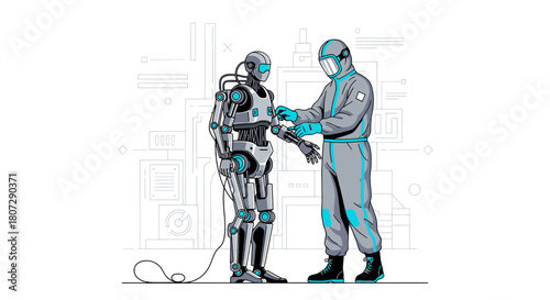 Technician in Protective Suit Examining Advanced Robot in Modern Research Facility Design