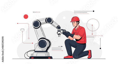 Technician inspecting a robotic arm in an advanced industrial environment modern design