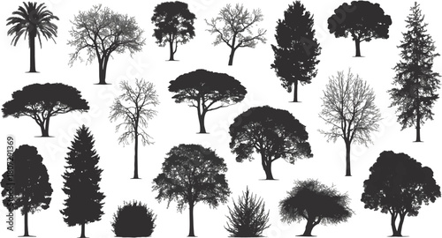 Collection of various tree silhouettes isolated on