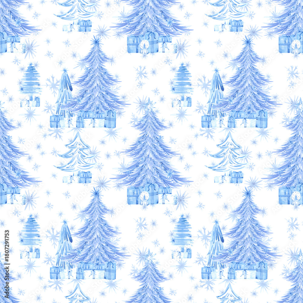 Fototapeta premium Hand drawn watercolor blue monochrome snowy Christmas trees presents seamless pattern. Illustration isolated on white background. Can be used for textile wrapping fabric and other printed products.