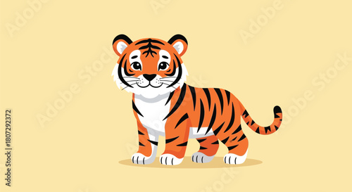 Cartoon tiger cub standing on a light yellow background.