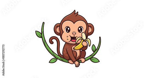 Cartoon monkey eating a banana on a vine illustration.