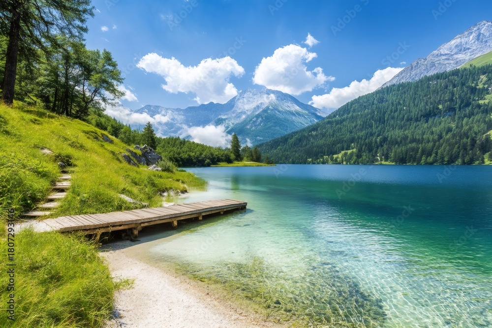 Fototapeta premium Mountain lake with wooden dock and clear water