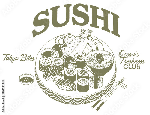 Vintage sushi platter illustration with chopsticks. Retro Japanese cuisine vector design featuring nigiri, rolls, and soy sauce.