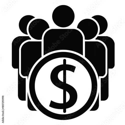 ilhouette icon of a crowd of people in front of a large coin with a dollar sign, representing shared business finance or group investment