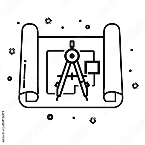 Outline vector icon representing architecture and engineering design with a drafting compass placed on a rolled-up blueprint plan