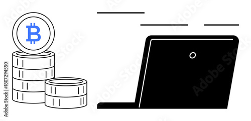 Stack of Bitcoin coins next to a laptop, suggesting cryptocurrency trading, blockchain transactions, and finance. Ideal for fintech, investment, payment, blockchain, decentralization innovation