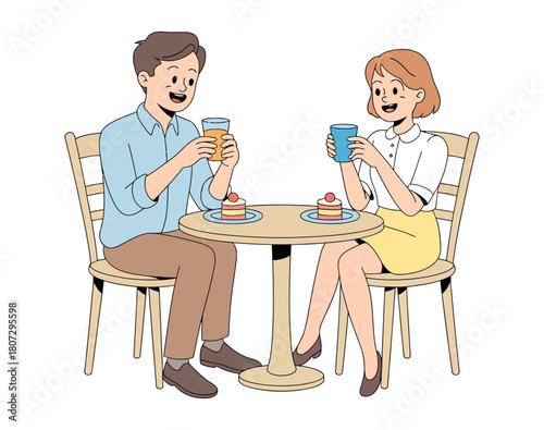 A smiling couple enjoys drinks and cake while sitting at a table in a cafe, sharing a pleasant moment together.