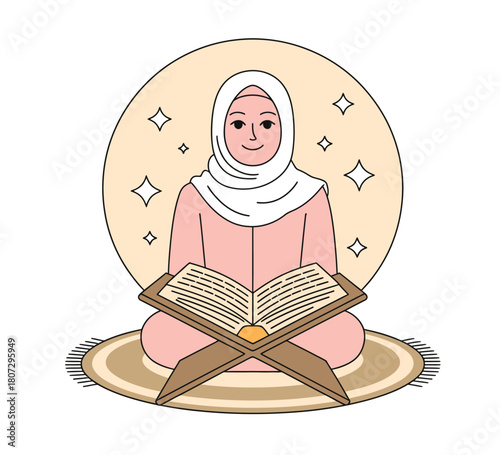 A young Muslim woman sits on a rug, reading from the Quran, a holy book in Islam, with a halo of stars.