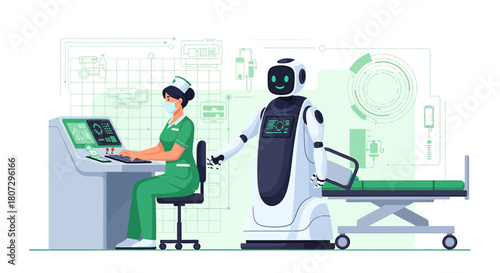 Healthcare innovation illustrated showcasing robotic assistance and technological integration in