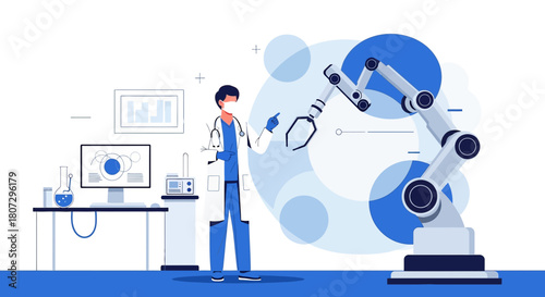 Healthcare robotics integration doctor interacting with advanced robotic arm in lab environment
