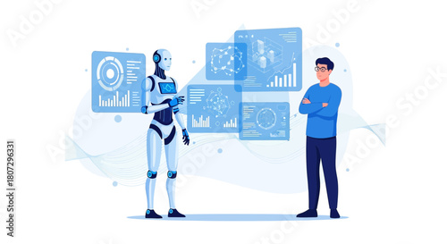 Human and artificial intelligence collaboration interacting with virtual data screens