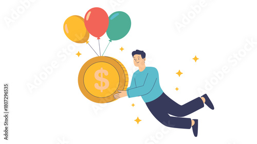 A person gracefully floats through the air, holding a large golden coin attached to colorful balloons, symbolizing financial success and aspirations.