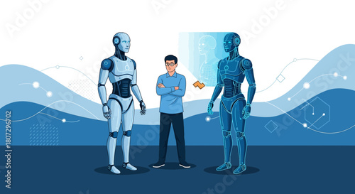 Human ingenuity and robotic evolution illustrate the technological frontier with artificial