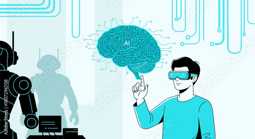 Human interaction with artificial intelligence in virtual reality environment depicted with