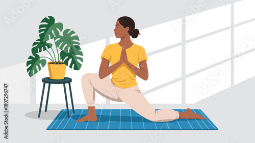 A person practices a yoga pose with hands pressed together in a sunlit room, promoting inner peace and physical well-being through mindful movement.