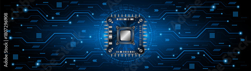 Microchip processor circuit board technology on dark blue background. Information Processing Concept. Circuit board hi-tech technology background. vector illustration	