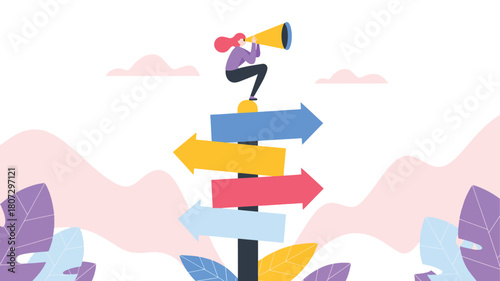 Illustration of a woman looking through a telescope on direction sign