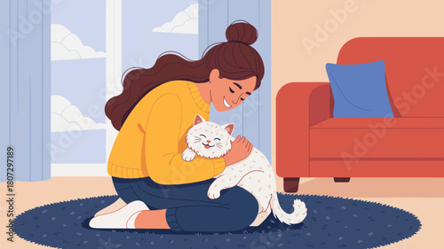 A young woman gently cuddles her happy white cat while sitting on a rug in a cozy living room.