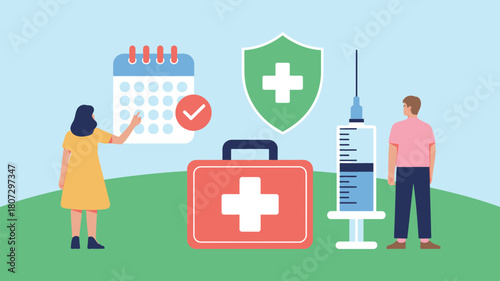 A person points to a calendar next to medical symbols indicating health, protection, and vaccination appointments for a healthy future.